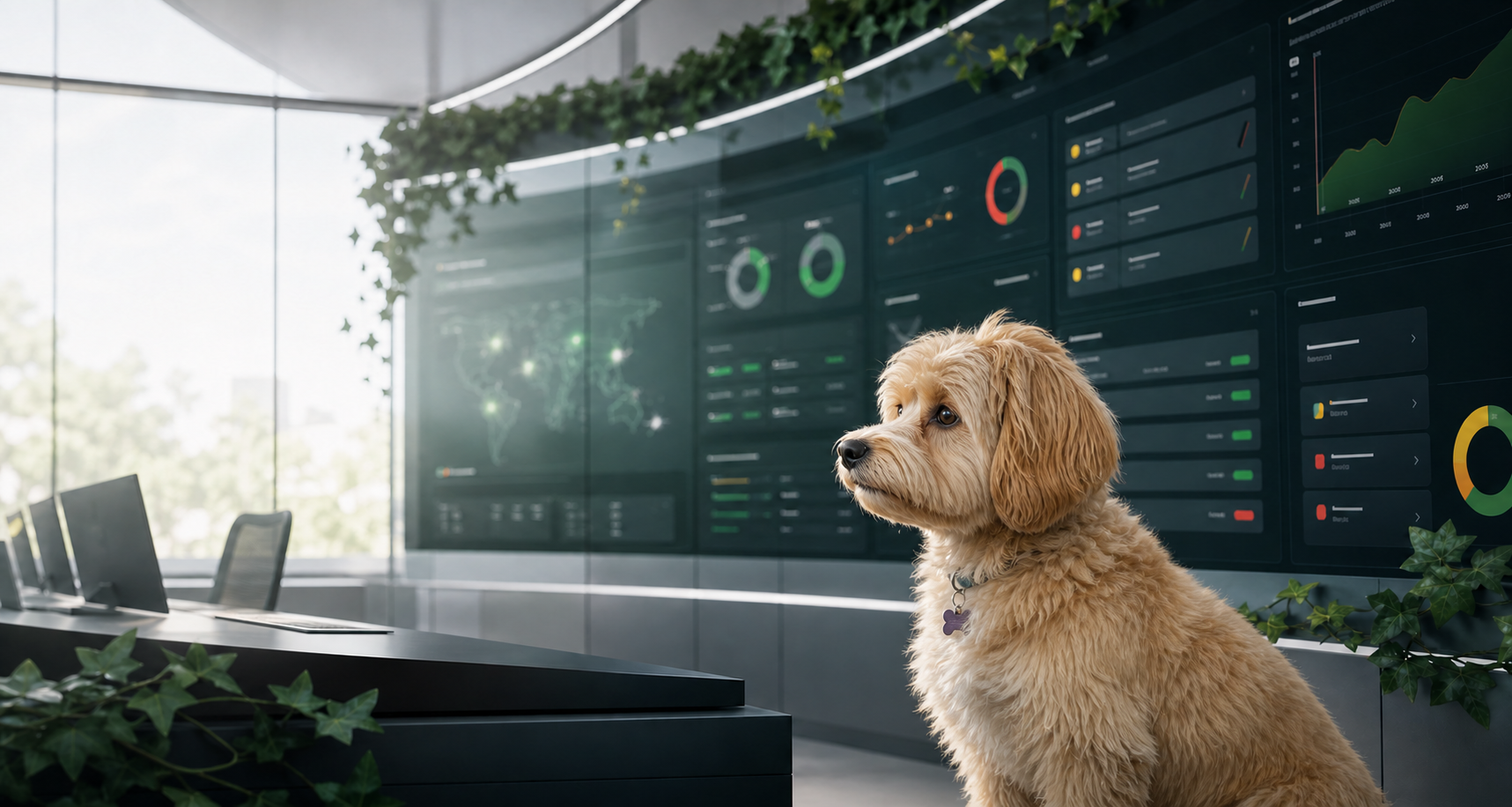 Ivy the dog watching an IT operations command center dashboard